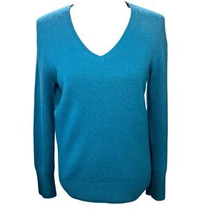 Halogen Womens Teal Blue 100% Cashmere 2-Ply V-Neck Sweater Size Large Preppy